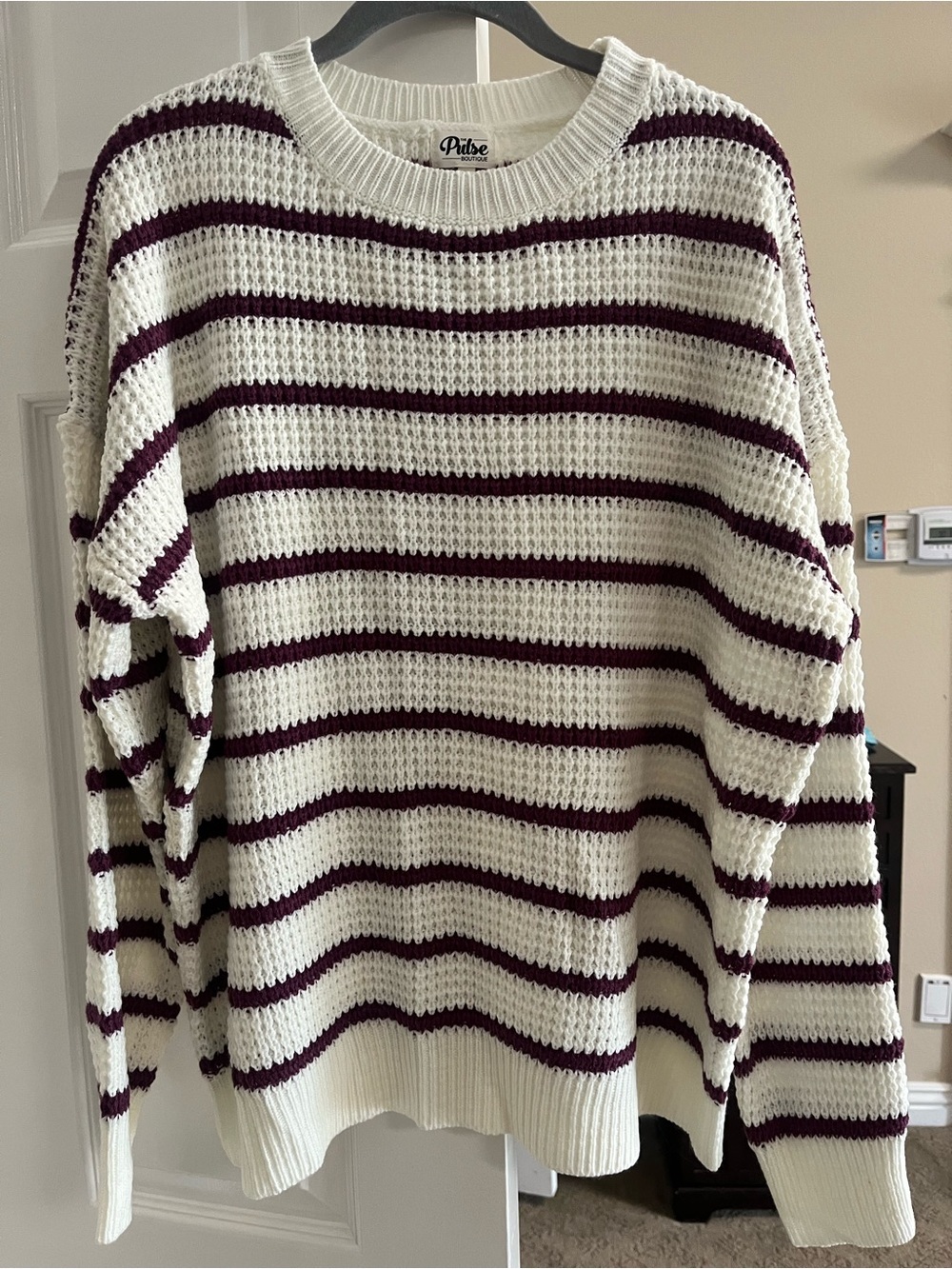 Pulse Cream and Burgundy Striped Open-Knit Crew Sweater